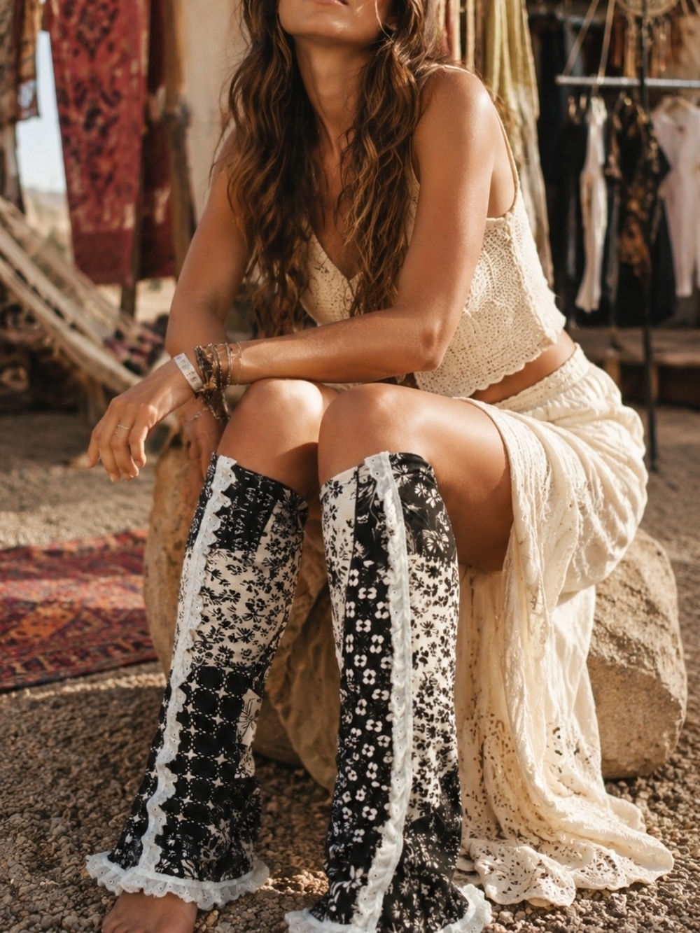 4/$15 Boho Lace Black & White Patchwork Leg Warmers Upcycle Art